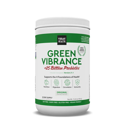Vibrant Health, Green Vibrance, Includes 65 Plant-Based Superfoods, 25 Billion Probiotics, Fiber, Adaptogens & Enzymes, 30 Servings